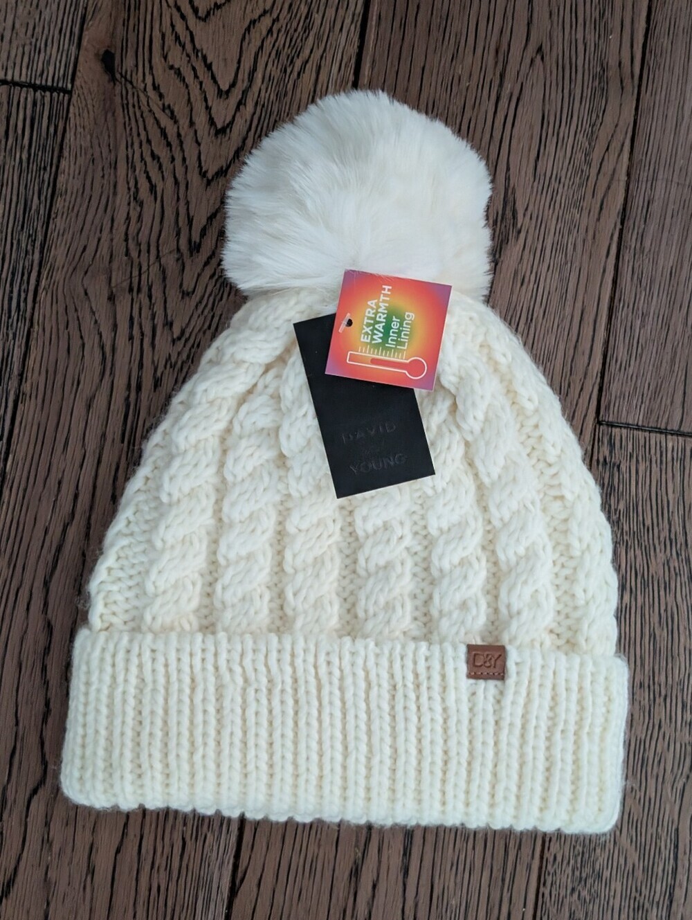 Nwt! David & Young Cream Cable Knit Pom Beanie Hat